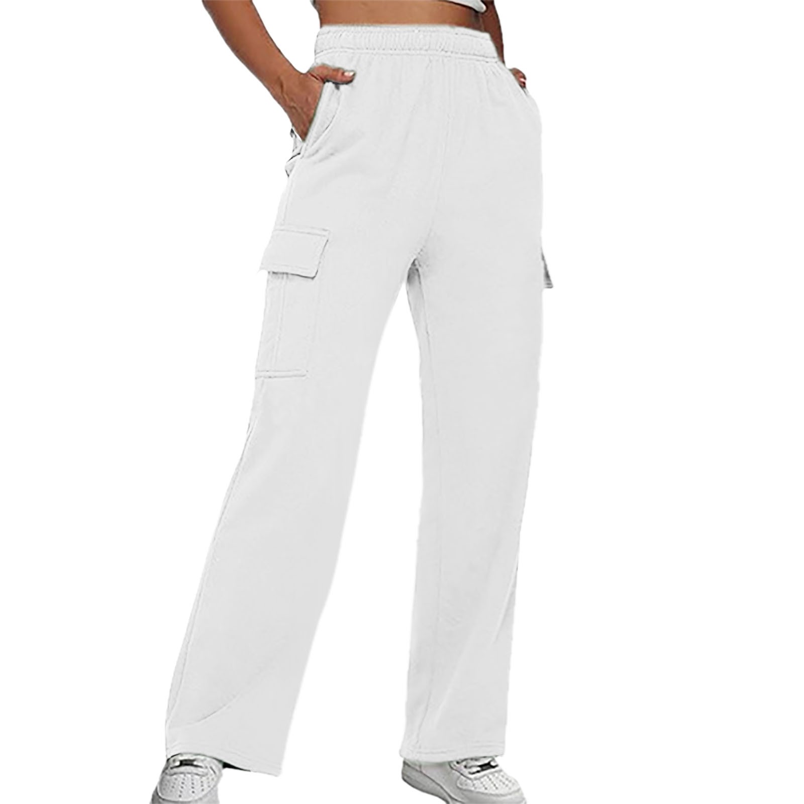 thumbnail image 2 of Pantalones rectos lisos con cintura elástica para mujer - Diseño con tirantes, poliéster, ropa informal - Tallas S-XXL, 2 of 6